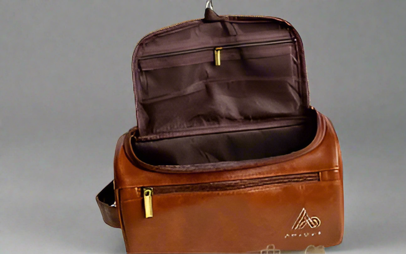 Brown Waterproof PU Leather Hanging Toiletry Pouch