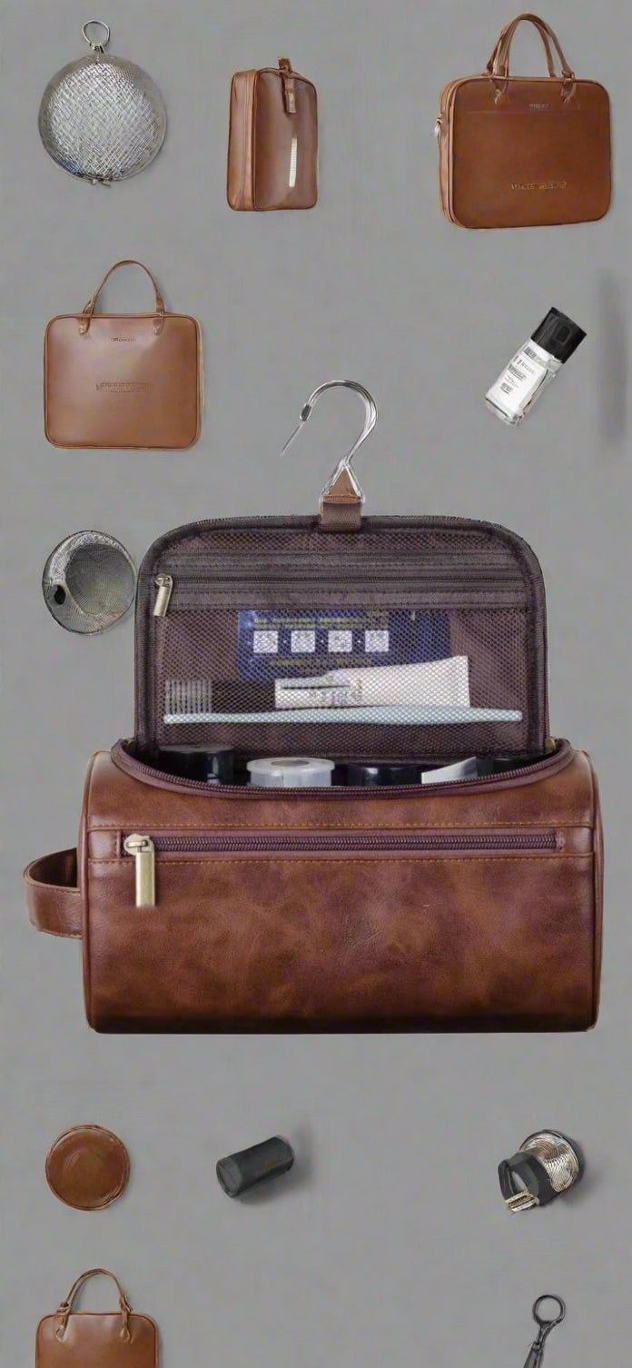 Brown Waterproof PU Leather Hanging Toiletry Pouch